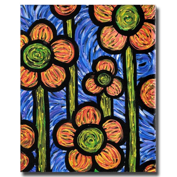 Colorful Abstract Original Painting Triptych Flowers Blue & Orange - Picture 3 of 4
